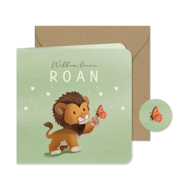 Lief geboortekaartje met leeuw en vlinder